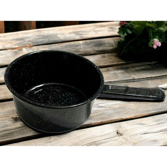 Enamelware 2-Qt Saucepan Handle Black White Speckled Cooking Pot Camping Pan - Picture 1 of 7